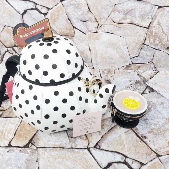 Teapot Polka Dot White Crossbody & Key Fob Key Chain Coin Purse Set Kate Spade - Picture 14 of 15